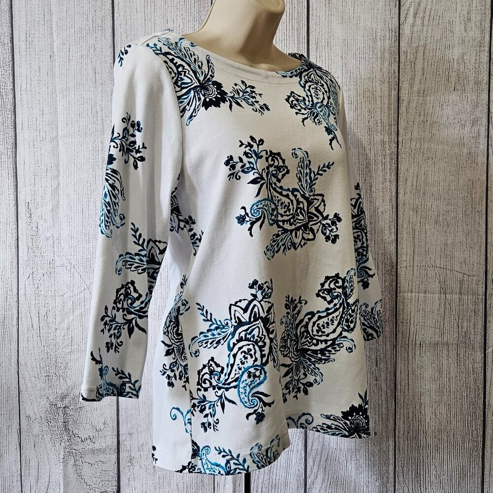Croft & Barrow 3/4 Sleeve Pullover Cotton Paisley Boatneck Shirt - Picture 4 of 8